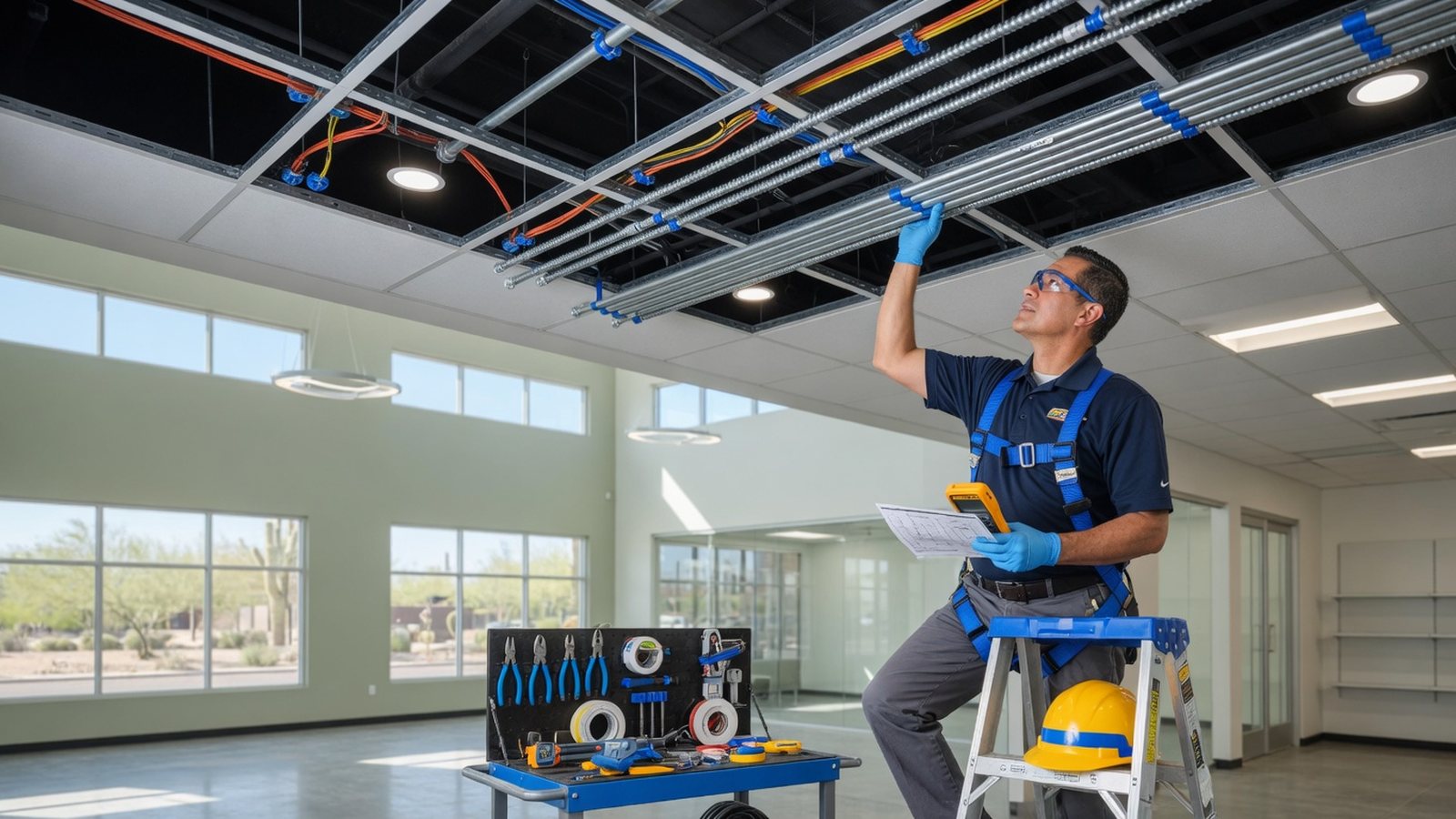 Commercial electrician working in a Phoenix office or retail buildout
